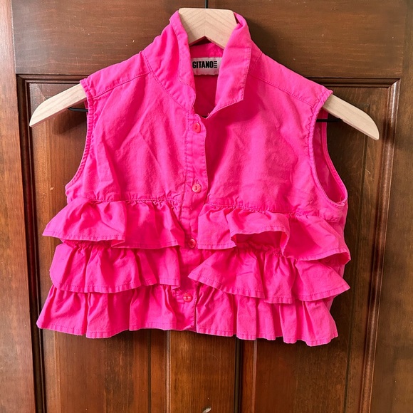 GITANO VTG 80s Girls Pink cotton button front ruffled tank top. Size L - Picture 2 of 6